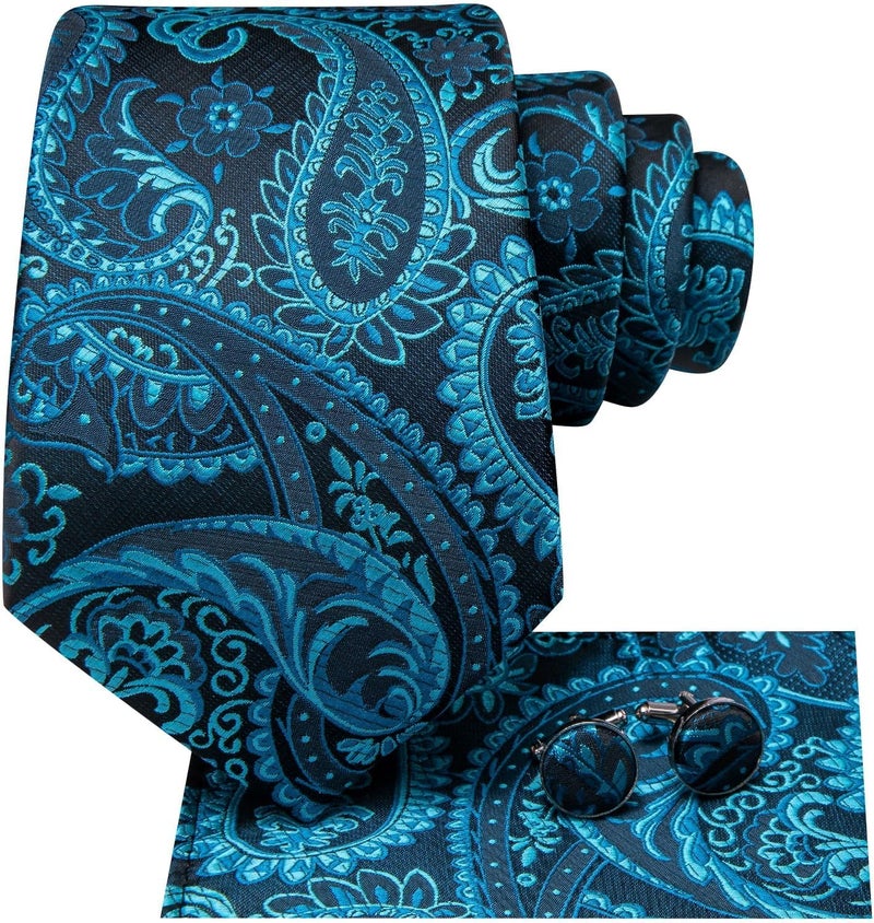 Dubulle Mens Tie Set Solid Paisley Silk Striped Necktie for Men with Cufflinks Tie and Pocket Square - Image 3
